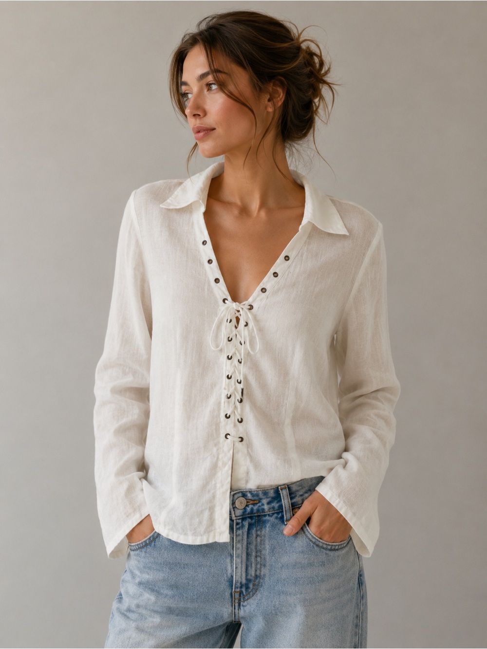 Vintage White Linen Lace-Up Blouse Boho Cottagecore Collared pirate Top sz 8